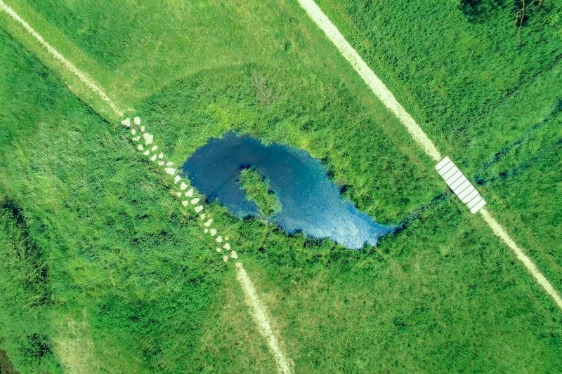 Plan d'eau, pas japonais, ponton bois et génie végétal au parc écologique du Val des Chenevières à l'Arbresle et Éveux