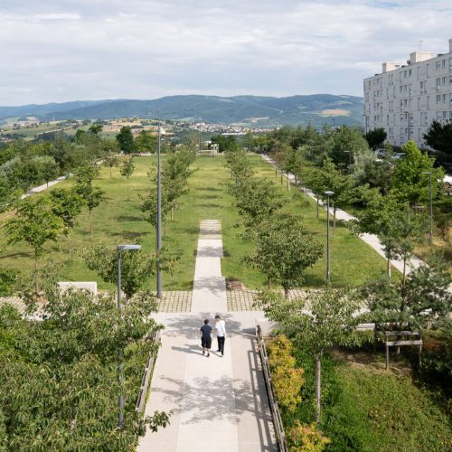 Aménagement paysager du Forum, quartier Montreynaud à Saint-Etienne : pavés joints engazonnés, arbres, mobilier urbain...
